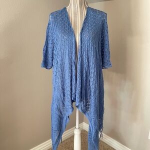 Blue Crochet Open Front Cardigan